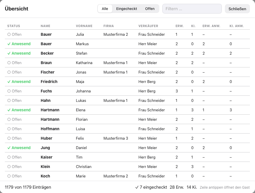 Live-Übersicht des Check-in Managers mit offenen und eingecheckten Gästen
